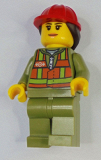 LEGO trn246 Train Worker - Female, Orange Safety Vest with Lime Straps, Olive Legs, Red Construction Helmet with Ponytail (60198)